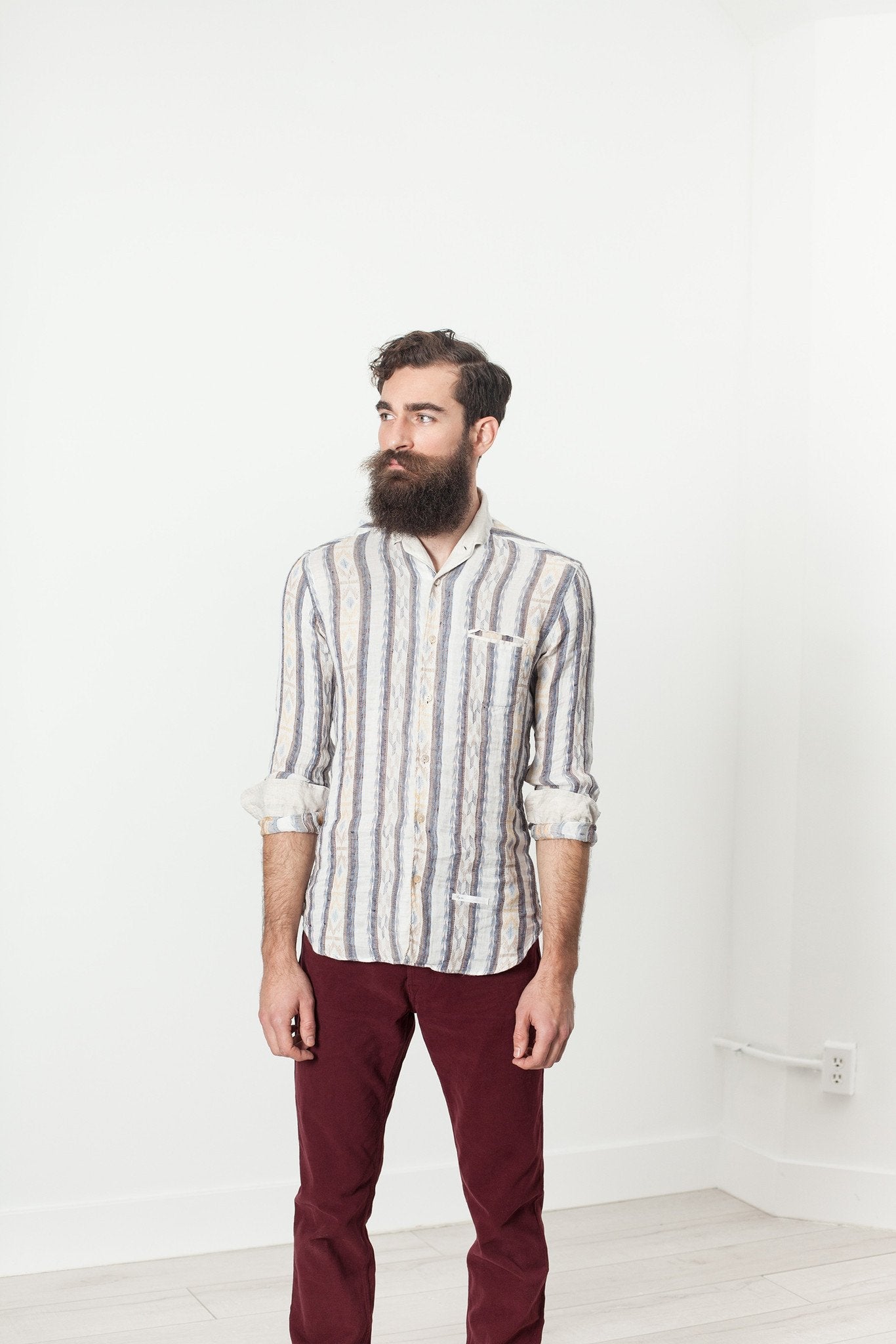 Camisa Western de Lino en Beige/Azul
