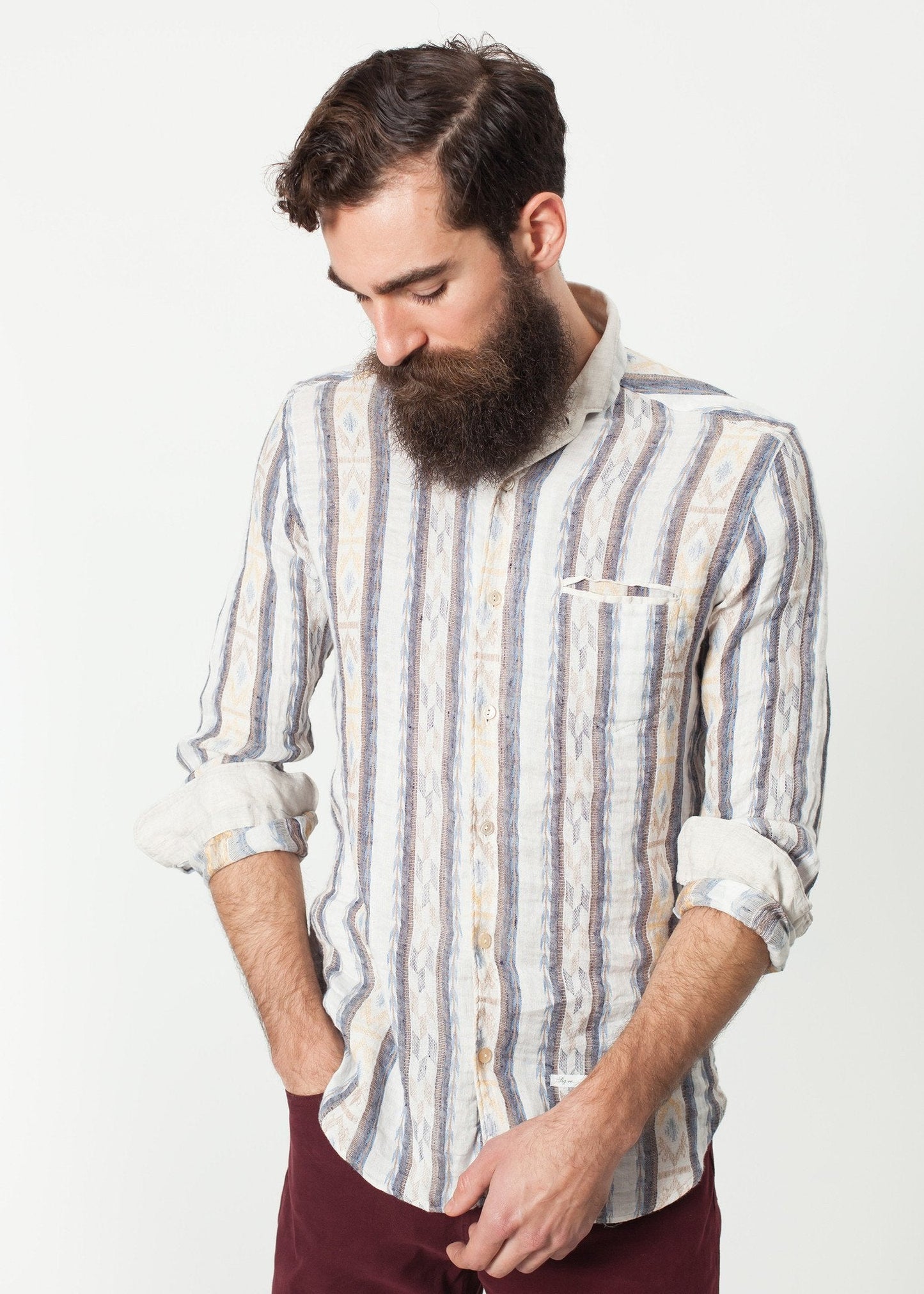 Camisa Western de Lino en Beige/Azul